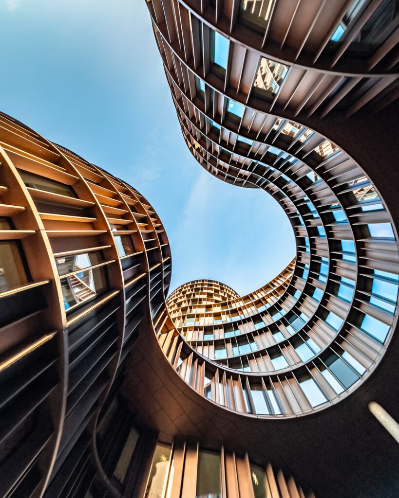 Low angle of Axel Towers, an iconic mixed-use office building in Copenhagen, Denmark